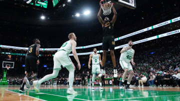 May 9, 2024; Boston, Massachusetts, USA; Cleveland Cavaliers forward Evan Mobley (4) makes the basket against the Boston Celtics in the first quarter during game two of the second round for the 2024 NBA playoffs at TD Garden. Mandatory Credit: David Butler II-USA TODAY Sports