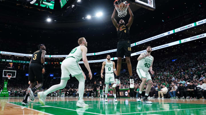 May 9, 2024; Boston, Massachusetts, USA; Cleveland Cavaliers forward Evan Mobley (4) makes the basket against the Boston Celtics in the first quarter during game two of the second round for the 2024 NBA playoffs at TD Garden. Mandatory Credit: David Butler II-USA TODAY Sports