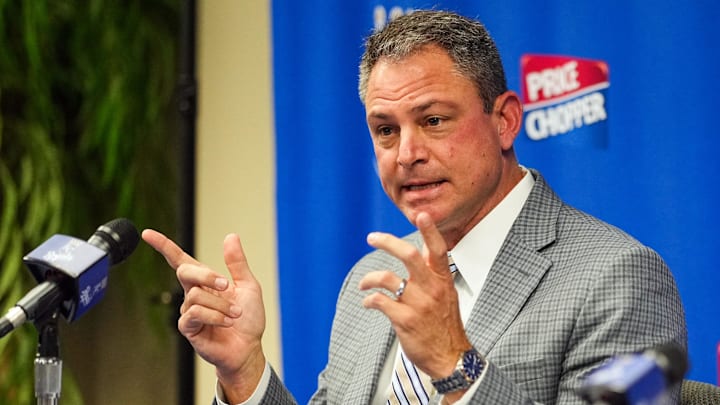 Nov 3, 2022; Kansas City, Missouri, USA; Kansas City Royals general manager J.J. Picollo talks with media during a press conference at Kauffman Stadium. Mandatory Credit: Jay Biggerstaff-Imagn Images