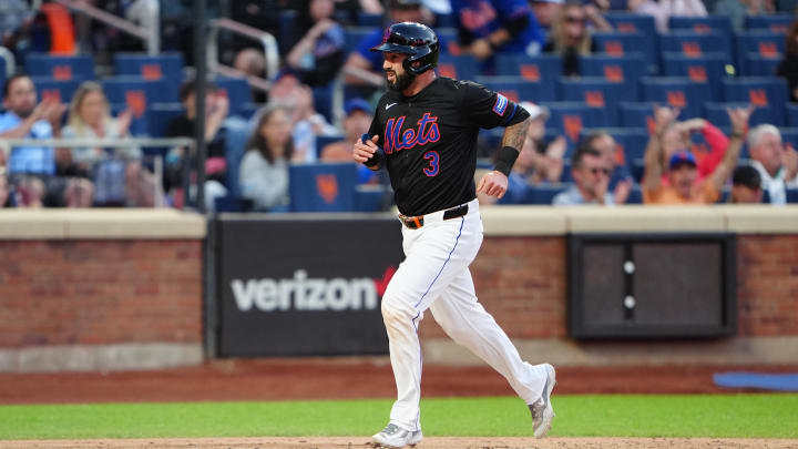 May 31, 2024; New York City, New York, USA; New York Mets catcher Tomas Nido (3) scores a run on shortstop Francisco Lindor (not pictured) RBI double against the Arizona Diamondbacks during the second inning at Citi Field. Mandatory Credit: Gregory Fisher-USA TODAY Sports