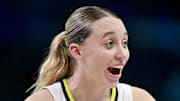 Dallas Wings guard Paige Bueckers celebrates during the second half against the Phoenix Mercury.