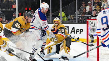 Edmonton Oilers right wing Corey Perry (90) scores a goal against Vegas Golden Knights goaltender Adin Hill (33)