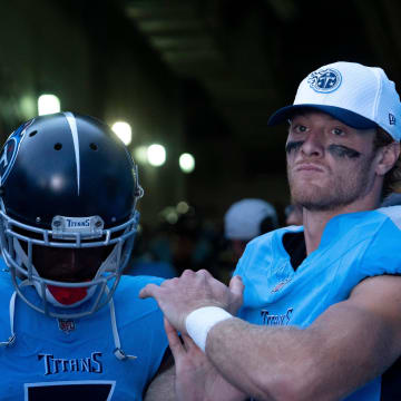 Tennessee Titans wide receiver Calvin Ridley (0) and quarterback Will Levis (8) prepare to take the field before their first preseason game of the 2024-25 season against the San Francisco 49ers at Nissan Stadium Saturday, Aug. 10, 2024.