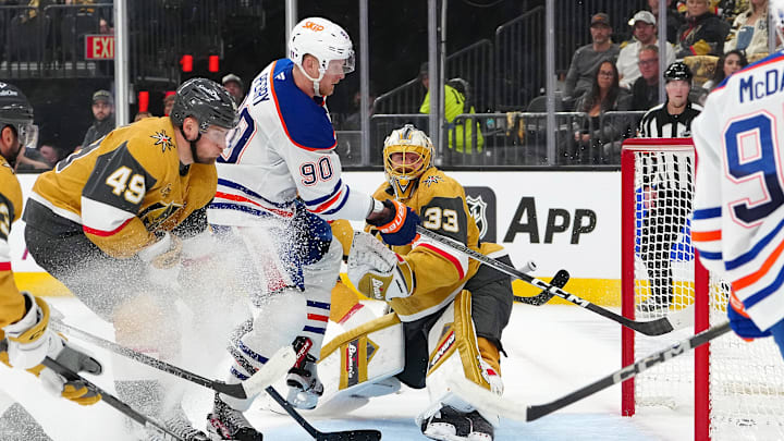 Edmonton Oilers right wing Corey Perry (90) scores a goal against Vegas Golden Knights goaltender Adin Hill (33)