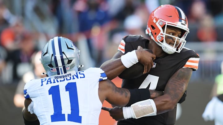 Sep 8, 2024; Cleveland, Ohio, USA; Dallas Cowboys linebacker Micah Parsons (11) pressures Cleveland Browns quarterback Deshaun Watson (4) during the first quarter at Huntington Bank Field. Mandatory Credit: Ken Blaze-Imagn Images