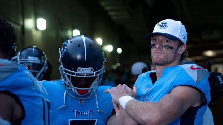 Tennessee Titans wide receiver Calvin Ridley (0) and quarterback Will Levis (8) prepare to take the field before their first preseason game of the 2024-25 season against the San Francisco 49ers at Nissan Stadium Saturday, Aug. 10, 2024.