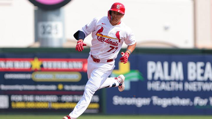 Feb 27, 2026; Jupiter, Florida, USA; St. Louis Cardinals designated hitter JJ Wetherholt (77) rounds the bases after hitting a home run against the New York Mets during the fourth inning at Roger Dean Chevrolet Stadium. Mandatory Credit: Sam Navarro-Imagn Images
