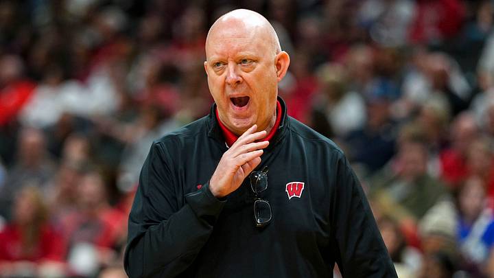 Dec 18, 2025; Kansas City, MO, USA; Wisconsin Badgers head coach Kelly Sheffield reacts during the first set against the Kentucky Wildcats in a 2025 NCAA Women’s Volleyball Championship semifinal match at T-Mobile Center. Mandatory Credit: Jay Biggerstaff-Imagn Images