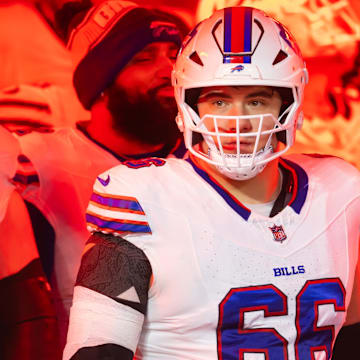 Jan 26, 2025; Kansas City, MO, USA; Buffalo Bills guard Connor McGovern (66) against the Kansas City Chiefs during the AFC Championship game at GEHA Field at Arrowhead Stadium. Mandatory Credit: Mark J. Rebilas-Imagn Images