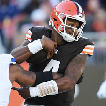 Sep 8, 2024; Cleveland, Ohio, USA; Dallas Cowboys linebacker Micah Parsons (11) pressures Cleveland Browns quarterback Deshaun Watson (4) during the first quarter at Huntington Bank Field. Mandatory Credit: Ken Blaze-Imagn Images