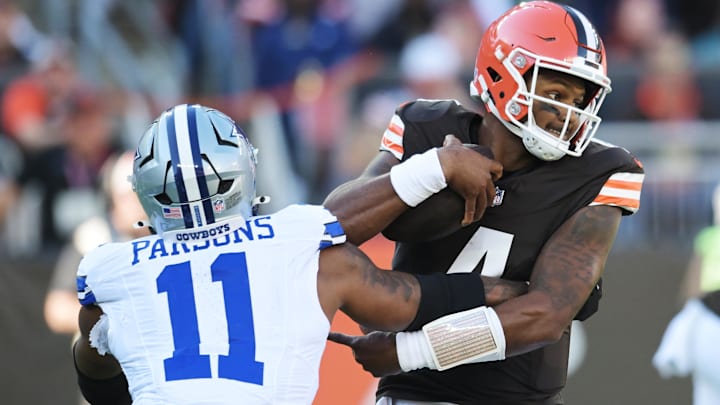 Sep 8, 2024; Cleveland, Ohio, USA; Dallas Cowboys linebacker Micah Parsons (11) pressures Cleveland Browns quarterback Deshaun Watson (4) during the first quarter at Huntington Bank Field. Mandatory Credit: Ken Blaze-Imagn Images