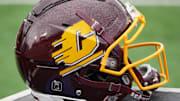 Sep 4, 2021; Columbia, Missouri, USA; A general view of a Central Michigan Chippewas helmet during the second half against the Missouri Tigers at Faurot Field at Memorial Stadium. Mandatory Credit: Denny Medley-Imagn Images