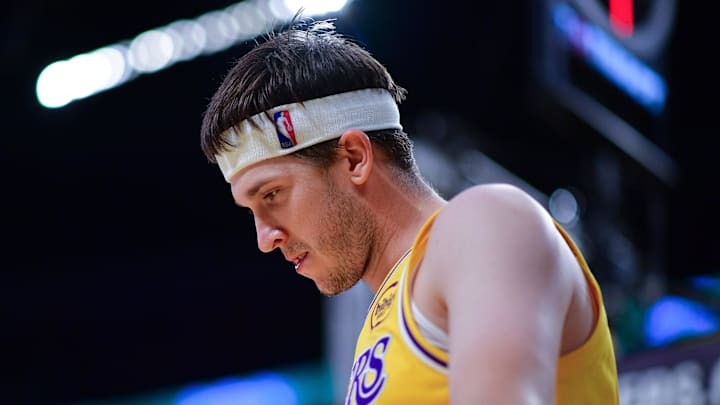 Mar 12, 2026; Los Angeles, California, USA; Los Angeles Lakers guard Austin Reaves (15) during the second half at Crypto.com Arena. Mandatory Credit: Gary A. Vasquez-Imagn Images