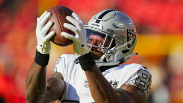 Nov 29, 2024; Kansas City, Missouri, USA; Las Vegas Raiders tight end Justin Shorter (88) warms up prior to a game against the Kansas City Chiefs at GEHA Field at Arrowhead Stadium. Mandatory Credit: Jay Biggerstaff-Imagn Images