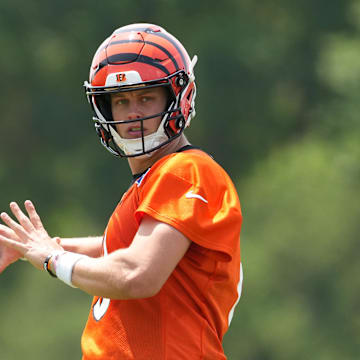 Jun 10, 2025; Cincinnati, OH, USA; Cincinnati Bengals quarterback Joe Burrow (9) during practice at Paycor Stadium. Mandatory Credit: Kareem Elgazzar-Imagn Images