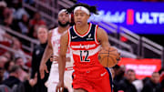 Nov 12, 2025; Houston, Texas, USA; Washington Wizards guard Tre Johnson (12) handles the ball against the Houston Rockets during the game at Toyota Center. Mandatory Credit: Erik Williams-Imagn Images