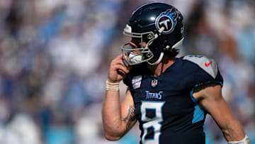 Tennessee Titans quarterback Will Levis (8) heads off the field after throwing a fourth quarter interception against the Indianapolis Colts during their game at Nissan Stadium in Nashville, Tenn., Monday, Oct. 14, 2024.