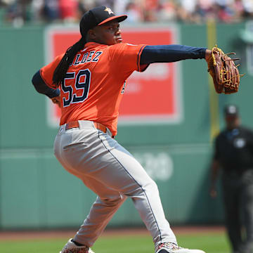 Aug 3, 2025; Boston, Massachusetts, USA;  Houston Astros starting pitcher Framber Valdez (59) pitches during the first inning against the Boston Red Sox at Fenway Park. 