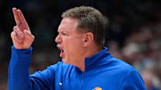 Feb 22, 2025; Lawrence, Kansas, USA; Kansas Jayhawks head coach Bill Self reacts to play against the Oklahoma State Cowboys during the second half at Allen Fieldhouse. Mandatory Credit: Denny Medley-Imagn Images