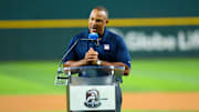 Texas Rangers Hall of Fame player Adrian Beltre gives a speech before the game against the Minnesota Twins at Globe Life Field. 