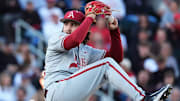 Arkansas pitcher Zach Root (33) looks to throw during a NCAA baseball game against Georgia in Athens, Ga., on Friday, April 11, 2025.