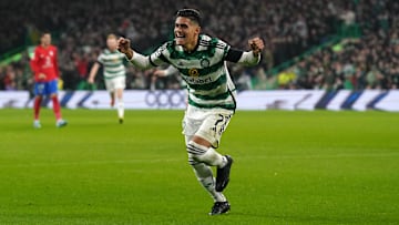 Luis Palma celebrates scoring their sides second goal of the game during the UEFA Champions League Group E match at Celtic Park, Glasgow.