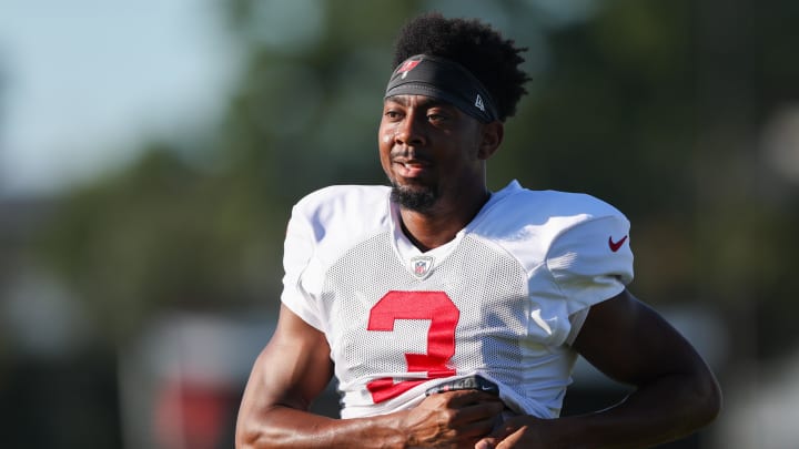 Aug 3, 2023; Tampa Bay, FL, USA;  Tampa Bay Buccaneers wide receiver Russell Gage (3) participates in training camp at AdventHealth Training Center. Mandatory Credit: Nathan Ray Seebeck-USA TODAY Sports