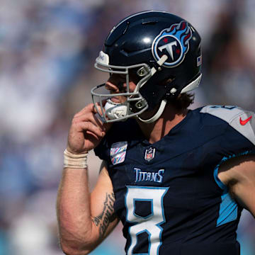 Tennessee Titans quarterback Will Levis (8) heads off the field after throwing a fourth quarter interception against the Indianapolis Colts during their game at Nissan Stadium in Nashville, Tenn., Monday, Oct. 14, 2024.