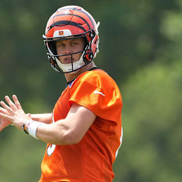 Jun 10, 2025; Cincinnati, OH, USA; Cincinnati Bengals quarterback Joe Burrow (9) during practice at Paycor Stadium.