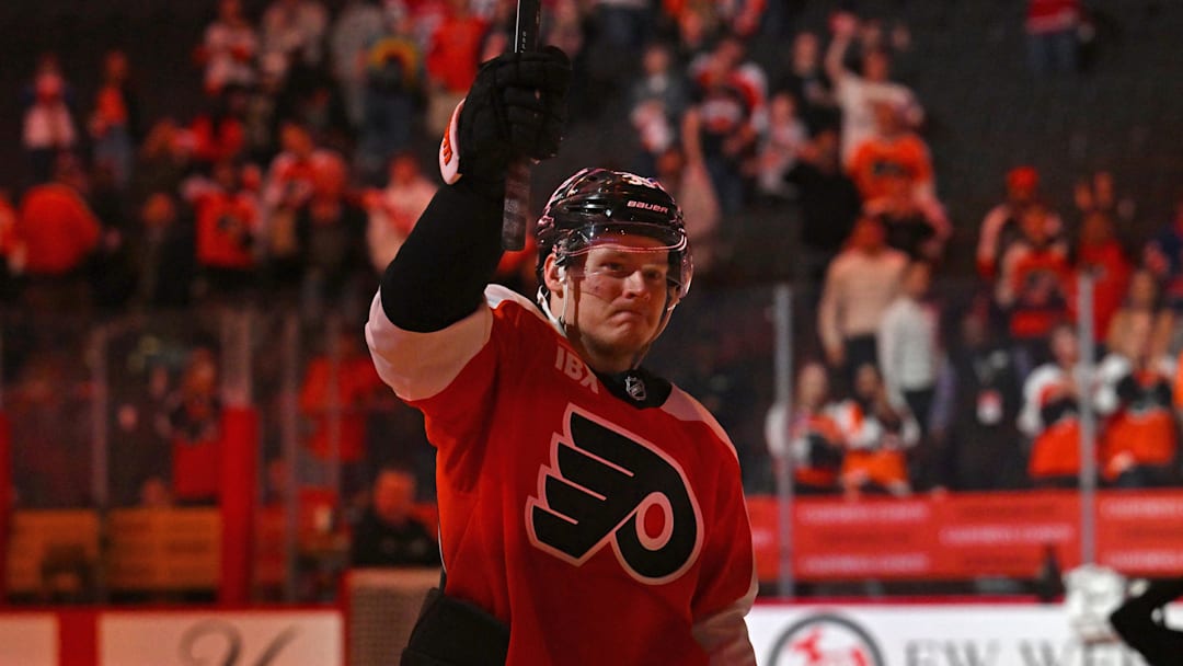 Apr 14, 2026; Philadelphia, Pennsylvania, USA; Philadelphia Flyers right wing Matvei Michkov (39) acknowledges the crowd after being named first star of the game against the Montréal Canadiens at Xfinity Mobile Arena. Mandatory Credit: Eric Hartline-Imagn Images