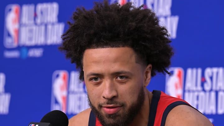 Team USA Stars guard Cade Cunningham (2) of the Detroit Pistons during a news conference for the NBA All Star game at Intuit Dome on Feb 13, 2026.