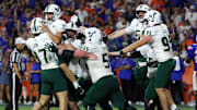 Sep 6, 2025; Gainesville, Florida, USA; South Florida Bulls place kicker Nico Gramatica (7) celebrates after he kicks the game winning field goal as time expires to beat the Florida Gators at Ben Hill Griffin Stadium.