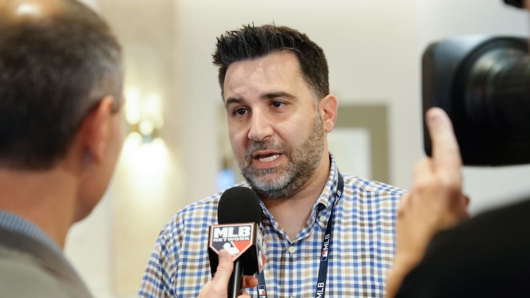 Nov 9, 2022; Las Vegas, NV, USA; Atlanta Braves general manager Alex Anthopoulos answers questions from the media during the MLB GM Meetings at The Conrad Las Vegas. Mandatory Credit: Lucas Peltier-Imagn Images
