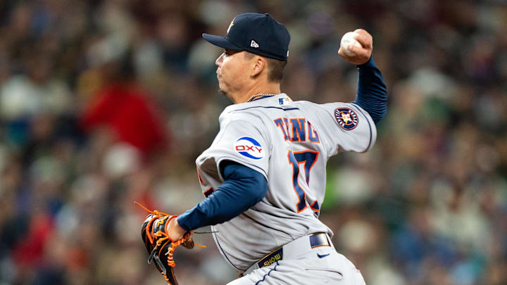 Apr 11, 2026; Seattle, Washington, USA; Houston Astros reliever Kai-Wei Teng (17) delivers a pitch during the sixth inning against the Seattle Mariners at T-Mobile Park. Mandatory Credit: Stephen Brashear-Imagn Images
