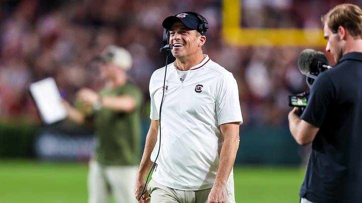 Nov 22, 2025; Columbia, South Carolina, USA; South Carolina Gamecocks head coach Shane Beamer reacts to a play against the Coastal Carolina Chanticleers in the second half at Williams-Brice Stadium. Mandatory Credit: Jeff Blake-Imagn Images