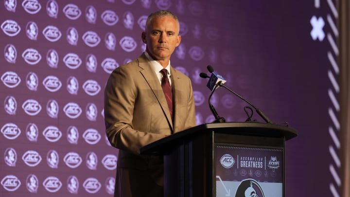 Jul 22, 2024; Charlotte, NC, USA; Florida State head coach Mike Norvell speaks to the media during ACC Kickoff at Hilton Charlotte Uptown. Mandatory Credit: Jim Dedmon-USA TODAY Sports