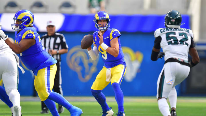 Oct 8, 2023; Inglewood, California, USA; Los Angeles Rams quarterback Matthew Stafford (9) drops back to pass against the Philadelphia Eagles during the first half at SoFi Stadium. Mandatory Credit: Gary A. Vasquez-USA TODAY Sports