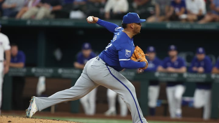 Jun 22, 2024; Arlington, Texas, USA; Kansas City Royals pitcher Angel Zerpa (61) throws a pitch in the eighth inning against the Texas Rangers at Globe Life Field. 