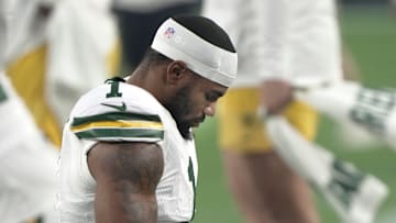 Green Bay Packers defensive end Micah Parsons (1) takes a moment before their game against the Washington Commanders Thursday, September 11, 2025 at Lambeau Field in Green Bay, Wisconsin.