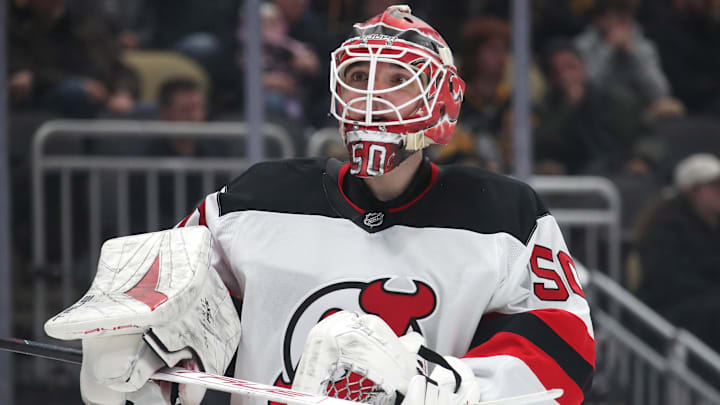 New Jersey Devils goaltender Nico Daws. Mandatory Credit: Charles LeClaire-Imagn Images