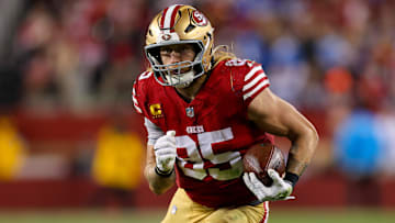 Dec 30, 2024; Santa Clara, California, USA; San Francisco 49ers tight end George Kittle (85) during the game against the Detroit Lions at Levi's Stadium. Mandatory Credit: Sergio Estrada-Imagn Images