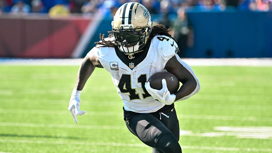 Sep 28, 2025; Orchard Park, New York, USA; New Orleans Saints running back Alvin Kamara (41) carries the ball against the Buffalo Bills in the third quarter at Highmark Stadium. Mandatory Credit: Mark Konezny-Imagn Images