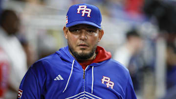Mar 17, 2023; Miami, Florida, USA; Puerto Rico manager Yadier Molina looks on prior to the game against Mexico at LoanDepot Park. Mandatory Credit: Sam Navarro-Imagn Images