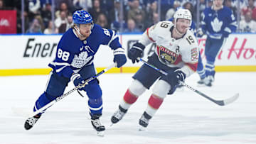 May 7, 2025; Toronto, Ontario, CAN; Toronto Maple Leafs right wing William Nylander (88) skates with Florida Panthers left wing Matthew Tkachuk (19) during the third period in game two of the second round of the 2025 Stanley Cup Playoffs at Scotiabank Arena. Mandatory Credit: Nick Turchiaro-Imagn Images