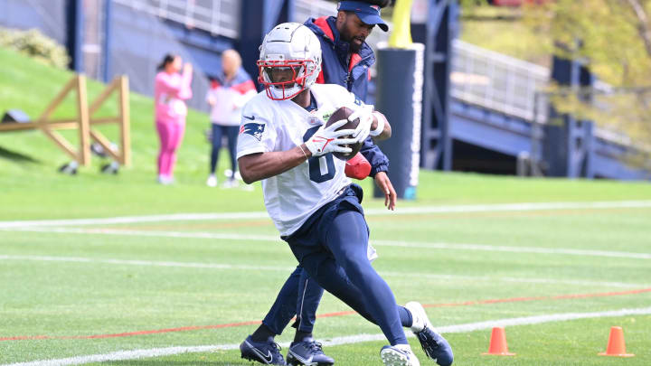 May 11, 2024; Foxborough, MA, USA; New England Patriots wide receiver Javon Baker (6) runs after the catch at the New England Patriots rookie camp at Gillette Stadium.  Mandatory Credit: Eric Canha-USA TODAY Sports