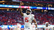 Dec 14, 2024; Atlanta, GA, USA; Jackson State Tigers quarterback Jacobian Morgan (15) celebrates after a touchdown pass against the South Carolina State Bulldogs in the fourth quarter at Mercedes-Benz Stadium. Mandatory Credit: Brett Davis-Imagn Images
