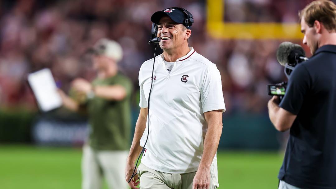 Nov 22, 2025; Columbia, South Carolina, USA; South Carolina Gamecocks head coach Shane Beamer reacts to a play against the Coastal Carolina Chanticleers in the second half at Williams-Brice Stadium. Mandatory Credit: Jeff Blake-Imagn Images