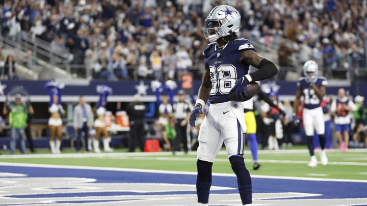 Oct 29, 2023; Arlington, Texas, USA; Dallas Cowboys wide receiver CeeDee Lamb (88) reacts after catching a touchdown pass in the second quarter against the Los Angeles Rams at AT&T Stadium.