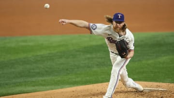 Jun 22, 2024; Arlington, Texas, USA; Texas Rangers pitcher Jon Gray (22) throws a pitch in the fifth inning against the Kansas City Royals at Globe Life Field. 