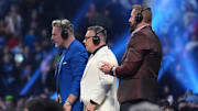 Feb 1, 2025; Indianapolis, IN, USA; Pat McAfee and Michael Cole and Wade Barrett during the WWE Royal Rumble at Lucas Oil Stadium. Mandatory Credit: Joe Camporeale-Imagn Images